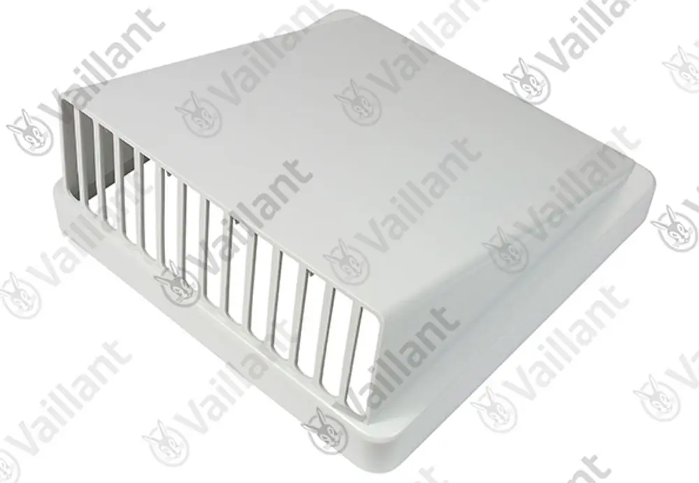 Weiße Abdeckung von Vaillant für ein Belüftungssystem, rechteckig mit vertikalen Gittern an der Vorderseite.